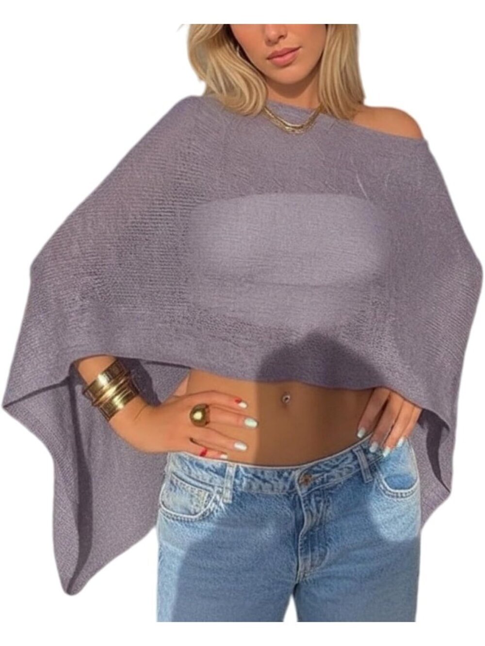 Women's Sheer Gray Lightweight Knit Crochet Shrug Bolero Mesh Batwing Cover Up